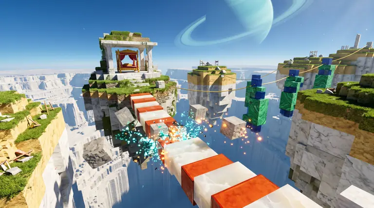 Floating voxel quarry islands of white marble and emerald turf linked by stepped block bridges, parkour pillars, and a fortified canopy bed shrine in bright daylight.