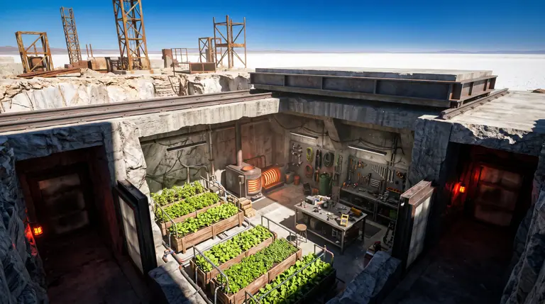 Cutaway view inside a reinforced marble and steel quarry bunker featuring a glowing copper thermal stove, green hydroponic crop planters, a fabrication bench, and sealed blast doors.