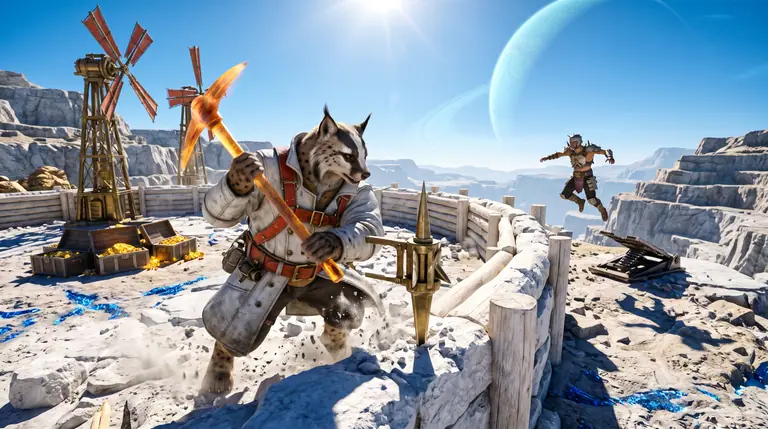 A mason warrior in a white leather coat and vermilion harness sets a brass-and-marble spike trap along a circular stone wall protecting spinning brass windmills and gold ore, beneath a cerulean sky with a ringed turquoise planet.