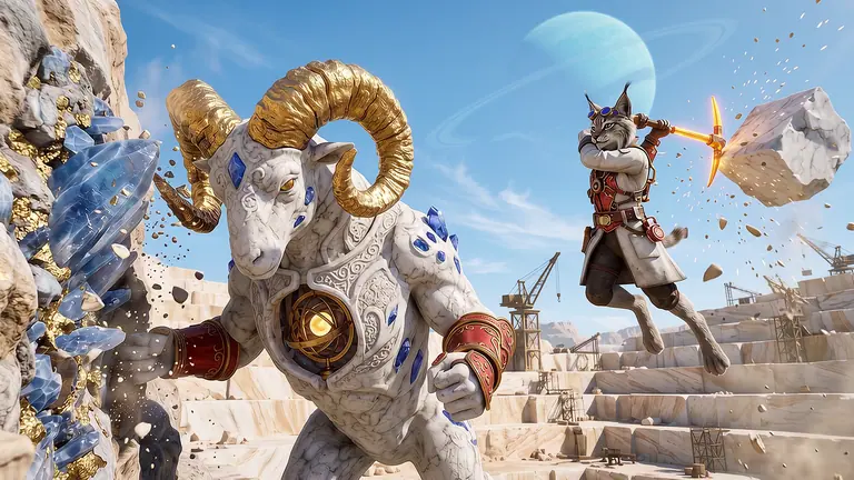 Quarrox the Astral Cleaver splitting a cobalt crystal and gold seam while Chief Surveyor Muna Korr strikes a levitating marble block on the sunlit terraces of MoonQuarry beneath a ringed turquoise planet.