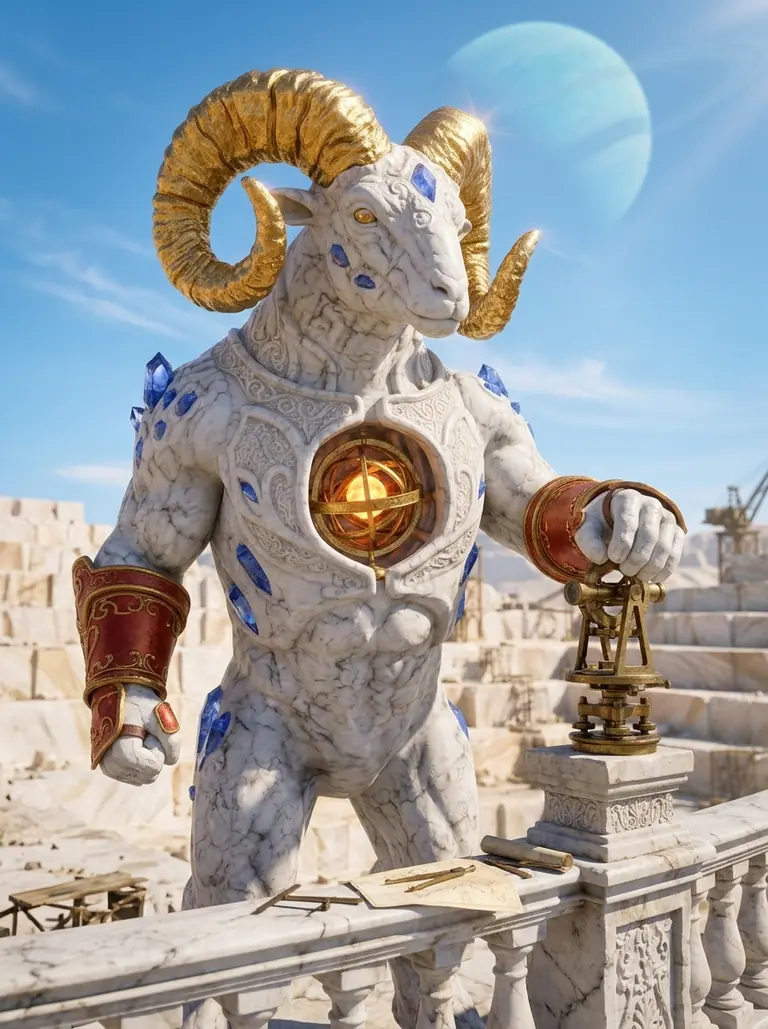 Portrait of Quarrox the Astral Cleaver resting his vermilion gauntlet on a brass surveyor's theodolite on a sunlit marble balcony.