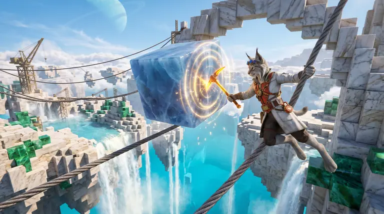 Chief Surveyor Muna Korr suspended on a crane cable above floating cubic islands, tapping a hovering blue moonstone cube with her amber tuning-fork pickaxe to complete a sky-bridge.